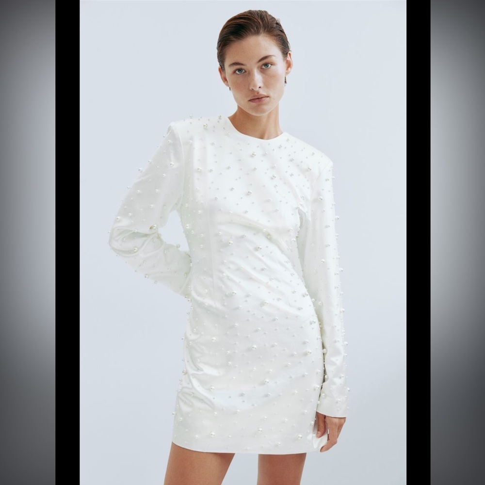 H & M Ivory Bead-embellished satin party dress size small